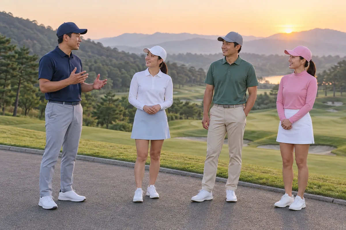 골프장 카트 도로에 서서 대화하는 골프복 차림의 성인 네 명