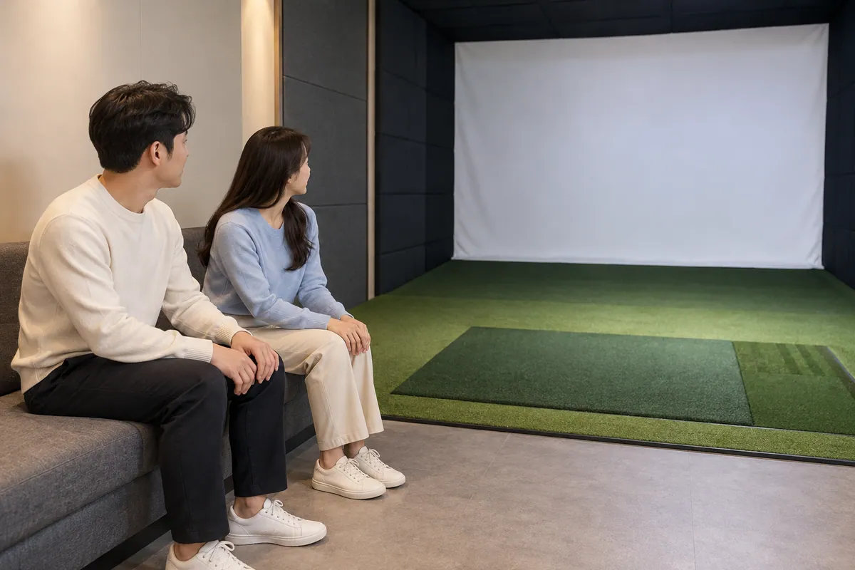 빈 타석을 바라보며 대기 소파에 앉아 있는 두 사람